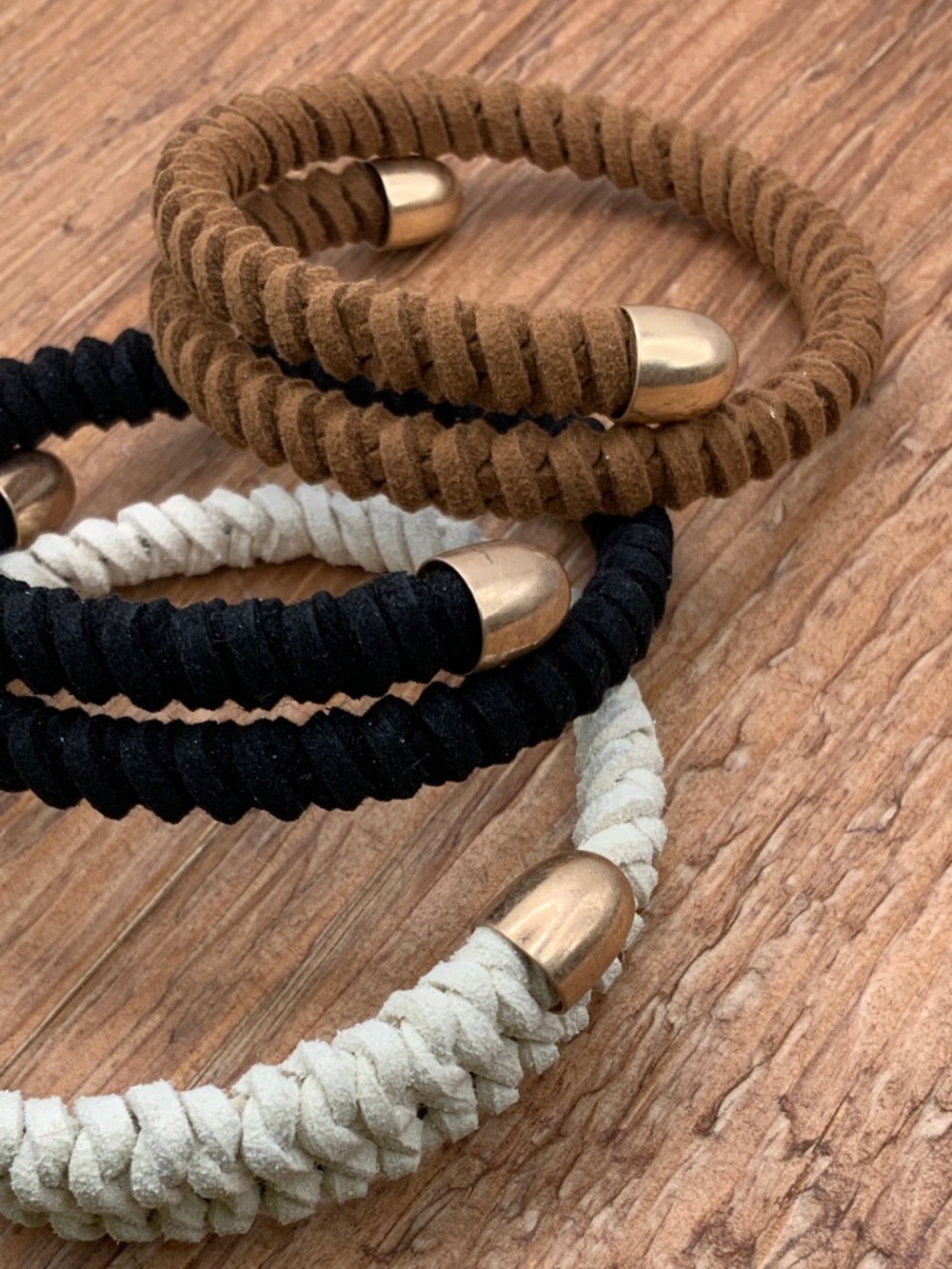 Plunder Design Eva Braided Suede Tan, Black, Ivory Cuff Bracelet Trio